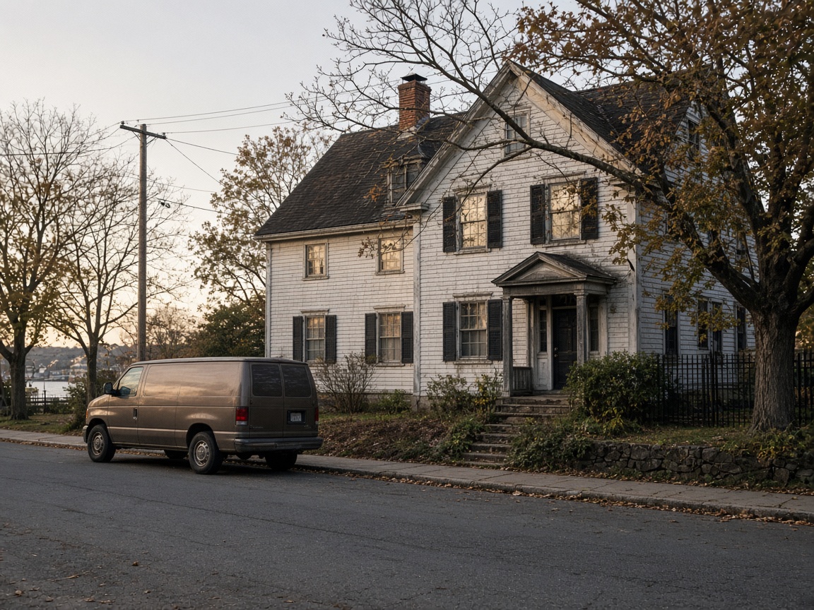 Plymouth colonial house with a work van at the curb