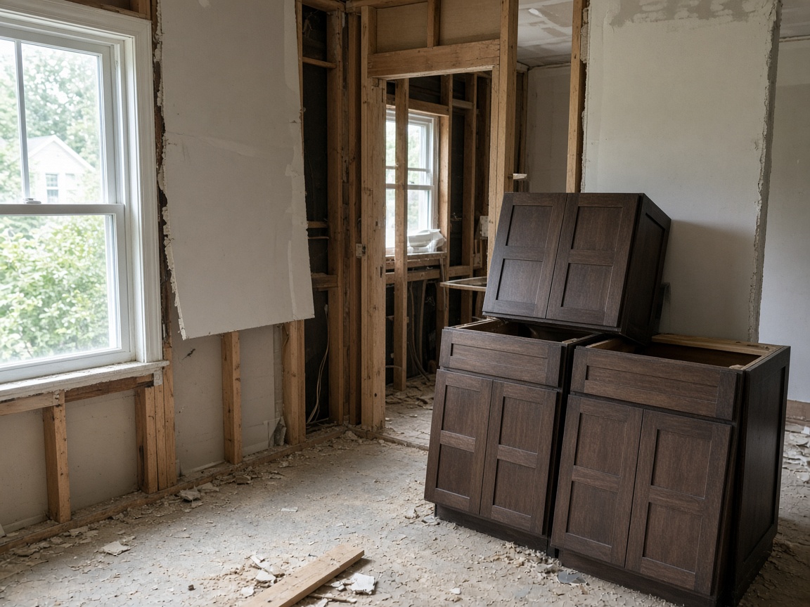 Kitchen remodel with new studs and drywall in progress